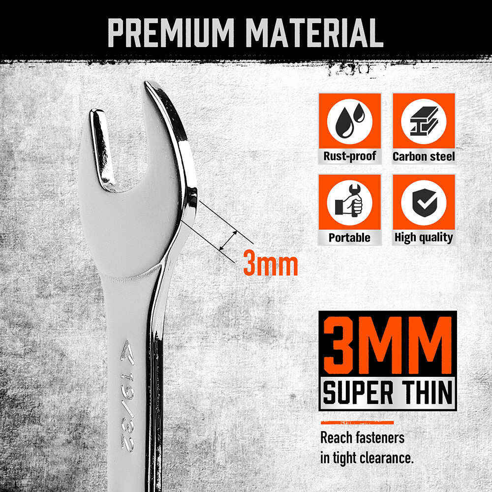 19PC SAE & Metric Thin Open End Wrench Set Bike Wrench Set W/ Rolling Pouch CR-V