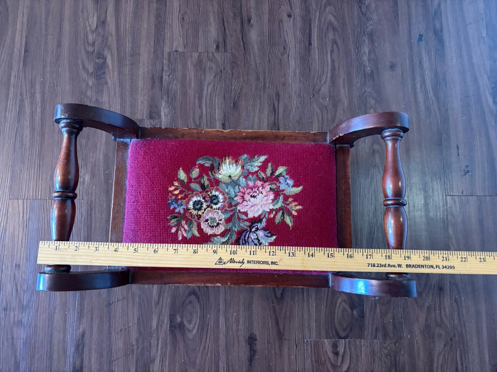 19thC Antique Victorian Footstool Bench Floral Needlepoint Petit Point