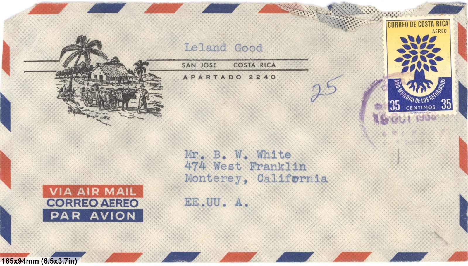 1960s Costa Rica Airmail Cover San Jose To USA 35c Refugee Year Stamp