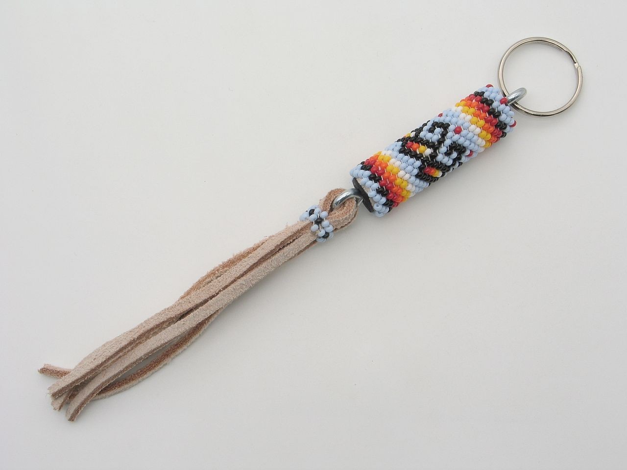 Native American Navajo Handmade Multicolor Beaded Key Chain w/ Leather Fringe