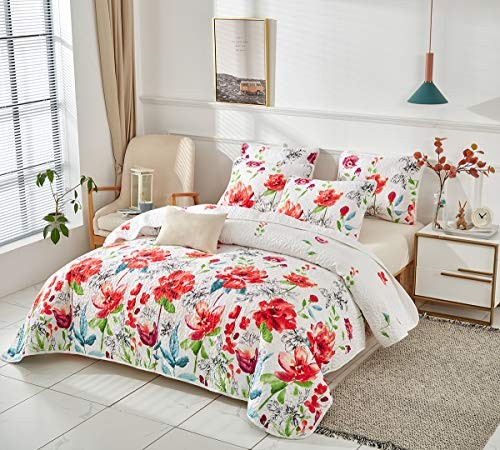 3 Piece Queen Reversible Floral Quilt Set White Red Green Queen (90x90) Flower
