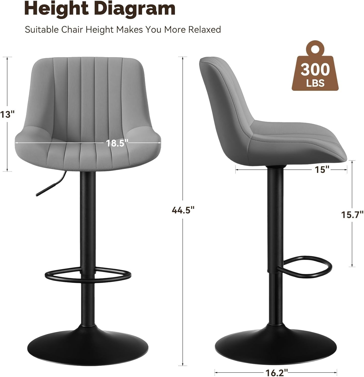 Set of 2 Adjustable Swivel Bar Stools with Backs Counter Height Dark Grey