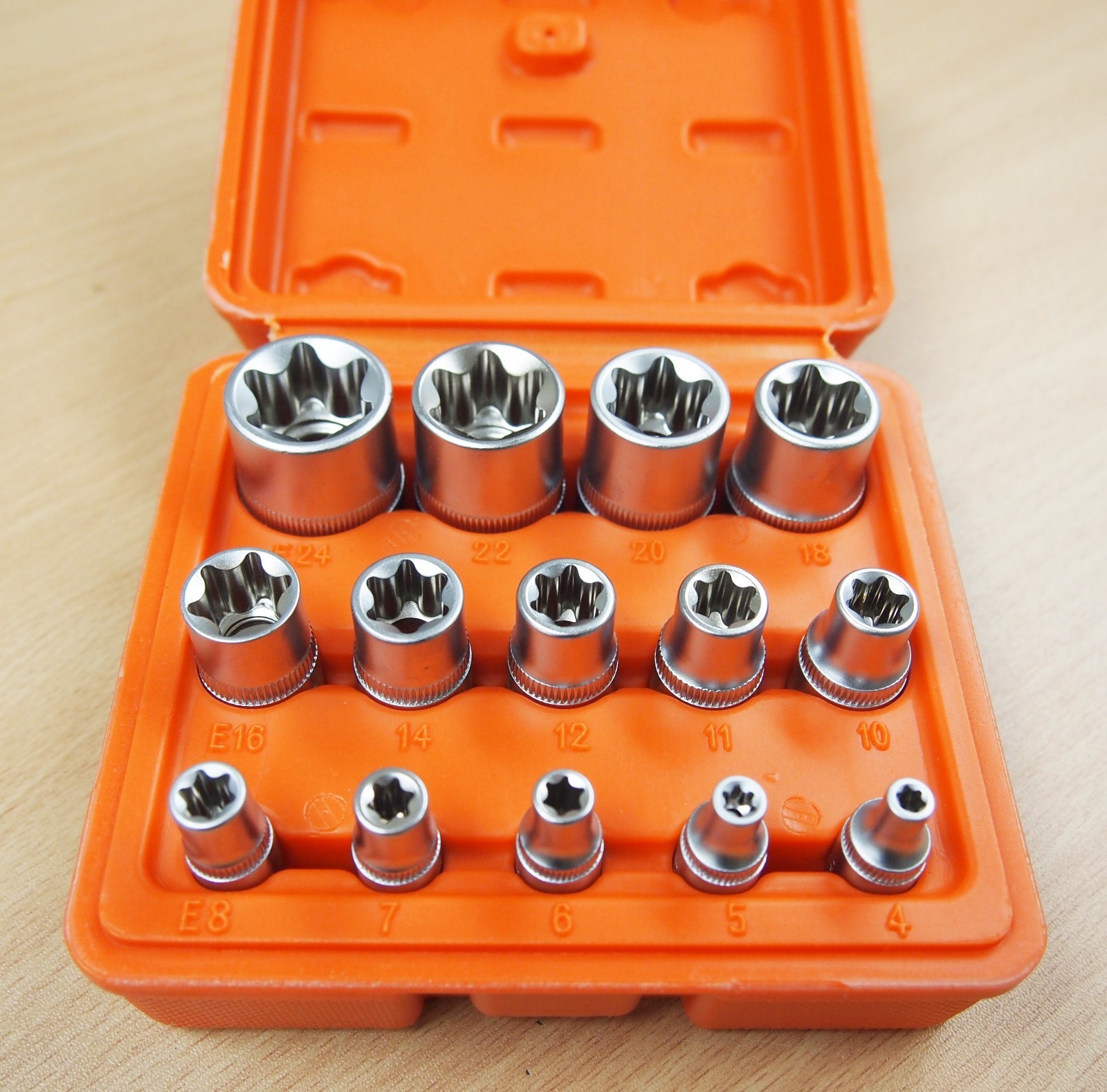 14 PC E Torx Star Female Bit Socket Set 1/2"/3/8"/1/4" Drive E4 -E24