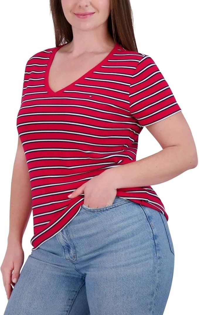 Tommy Hilfiger Women's V-Neck Short Sleeve Shirt, Red, Size S