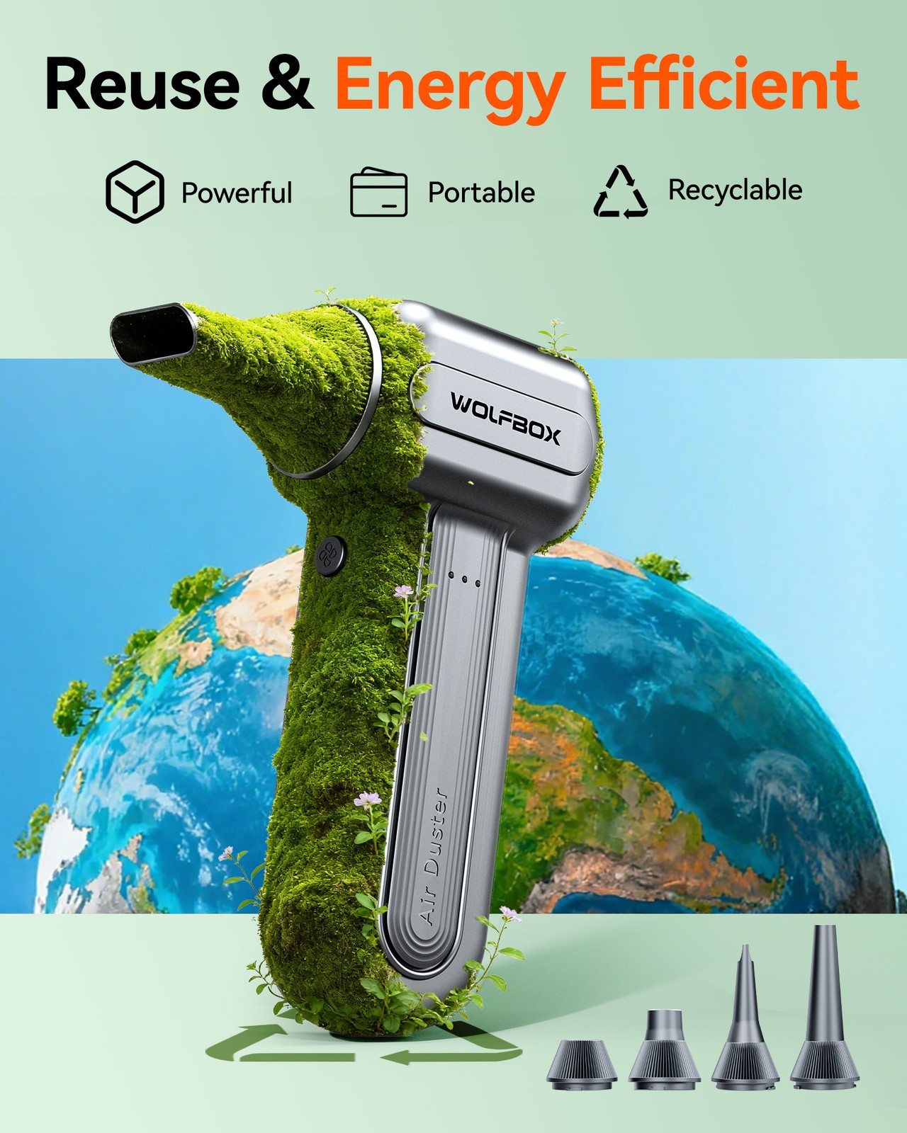 WOLFBOX DF60 110000RPM Compressed Air Duster 3-Speed w/ 5 Nozzles, Fast Charging