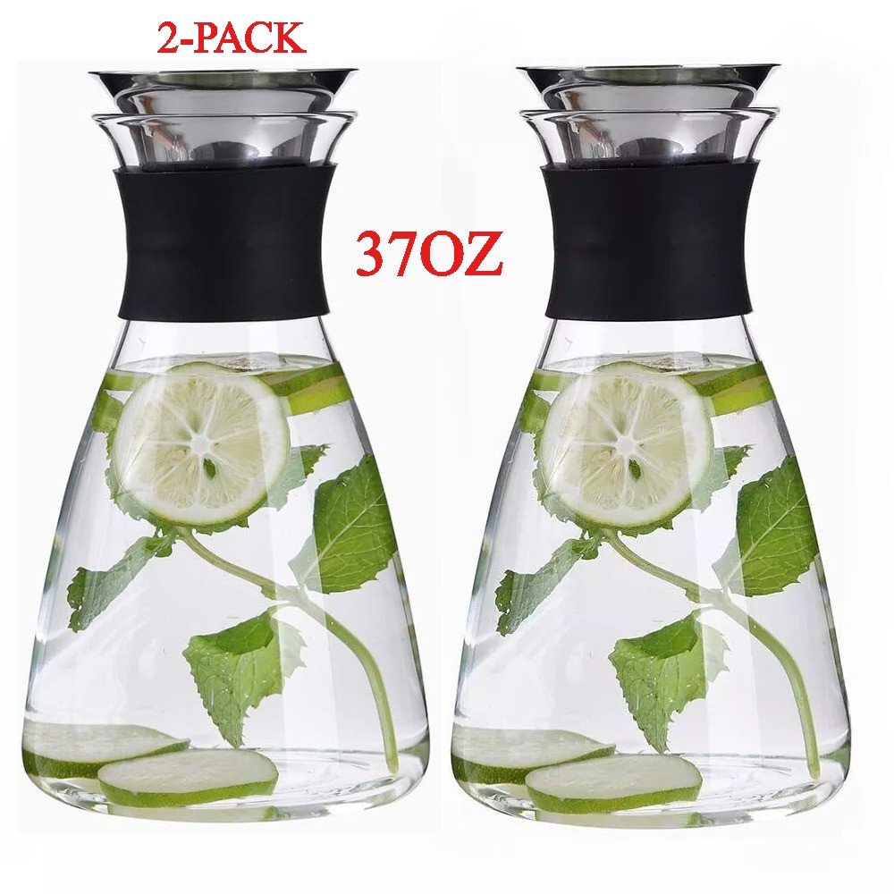 2Pcs 37oz/1100ml Glass Carafe with Stainless Steel Silicone Filter Lid for Tea