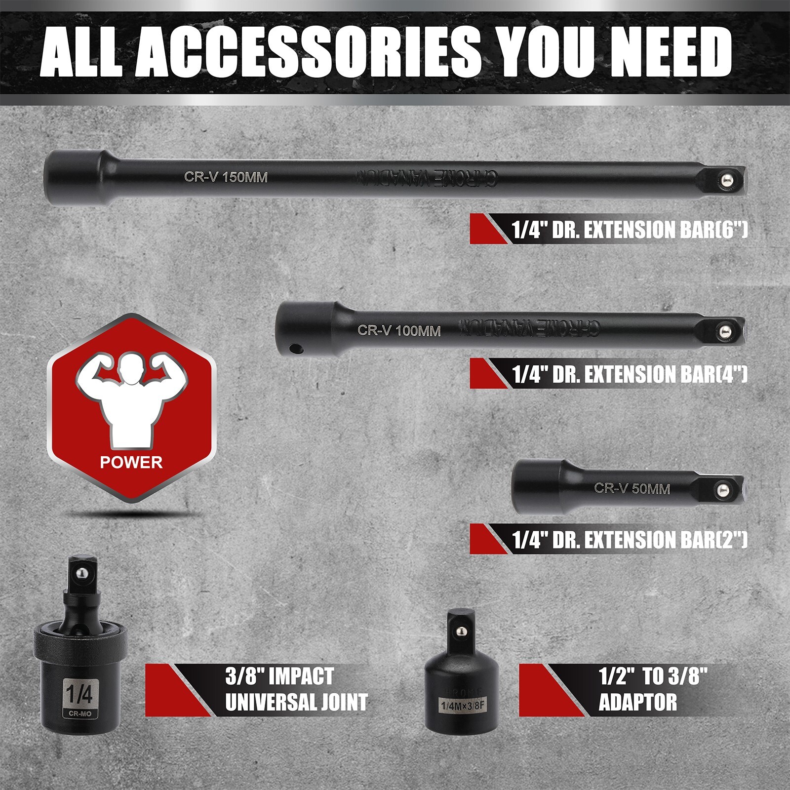 55PCS 1/4" Drive Deep and Shallow Impact Socket Set, CR-V, SAE & Metric, 6 point