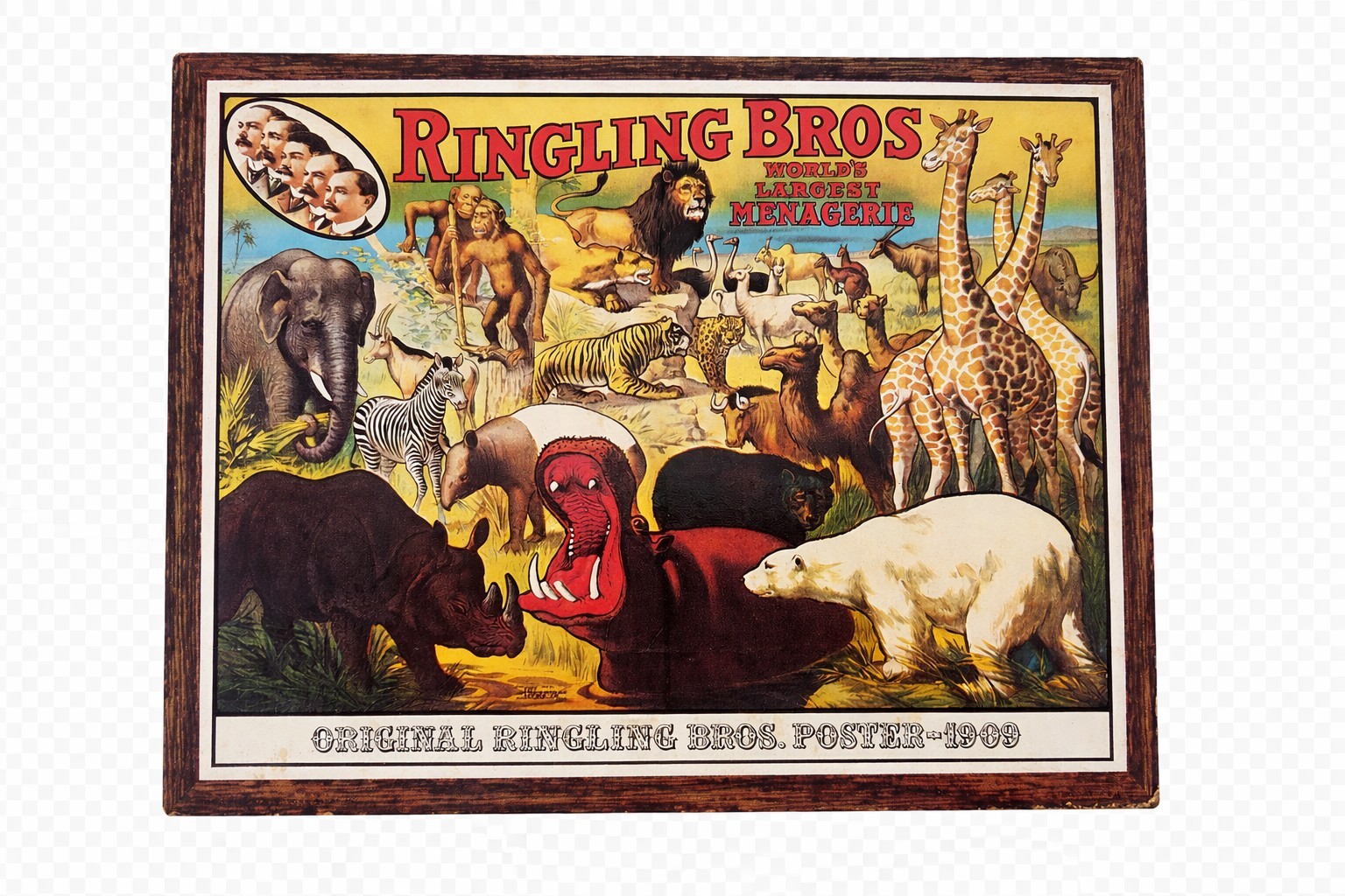 Vintage Ringling Bros Circus 1909 Menagerie Poster Cork Back Plaque Wall Art