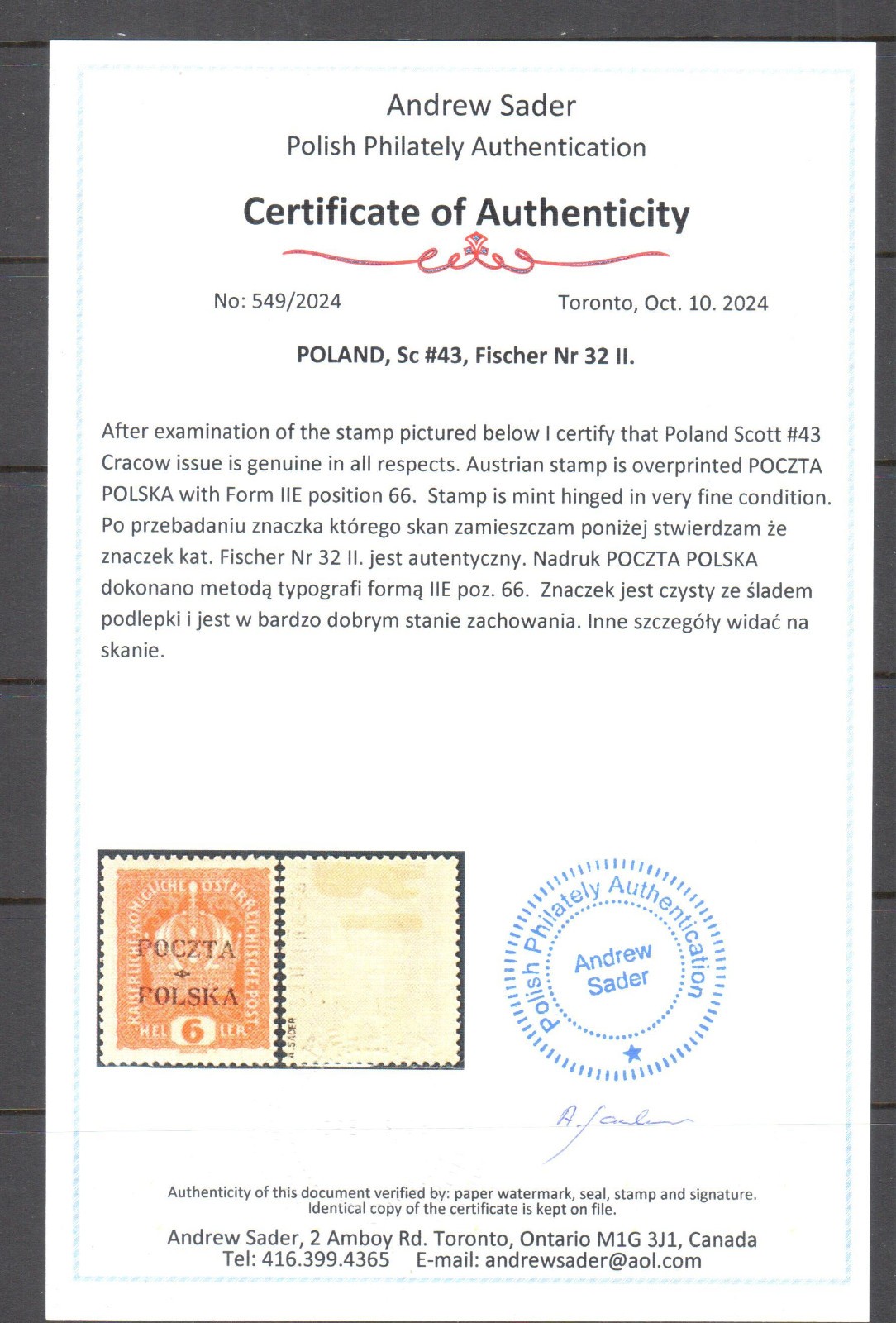Poland Sc 43 Fi 32FII-66  MH,* exp. A. Sader VF