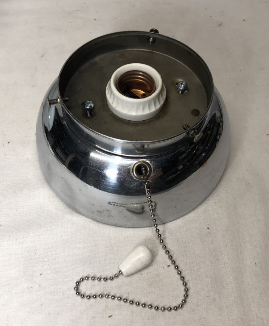 Antique Ceiling Light Chrome Fixture Art Deco Green Glass Shade Stripe USA #K92