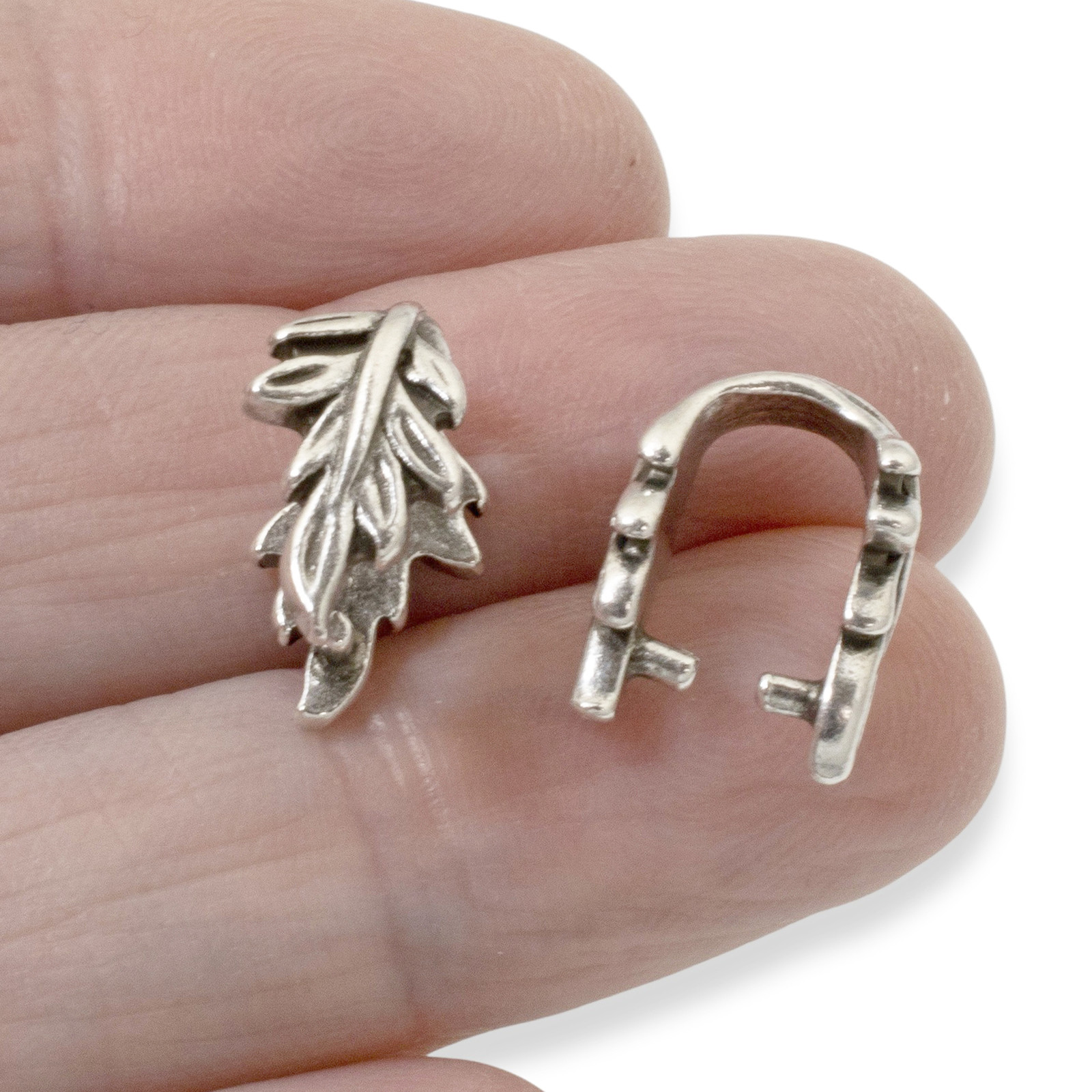 4 Silver Leaf Pendant Pinch Bails - Elegant Botanical Design for Jewelry Making