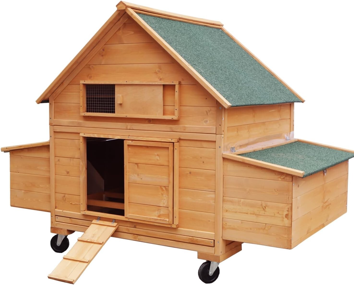 Wooden Chicken Coop Mobile Hen House Poultry cage w/Wheels&Two Nest Boxes Yard