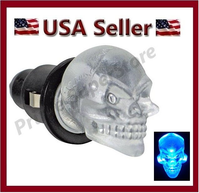 12V SKULL HEAD BLUE LED DASH GLOW INTERIOR MAP LIGHT CAR PLUG2 CIGARETTE LIGHTER