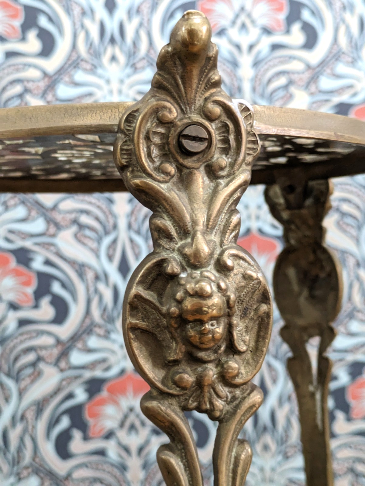 Vintage Ornate Brass Two Tier Side Table Plant Stand Pierced Cherub Angel