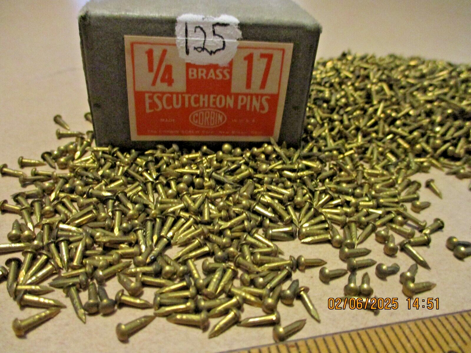 125  VINTAGE 1/4" X #17, SOLID BRASS BRAD NAILS, ROUND DOME HEAD ESCUTCHEON PINS