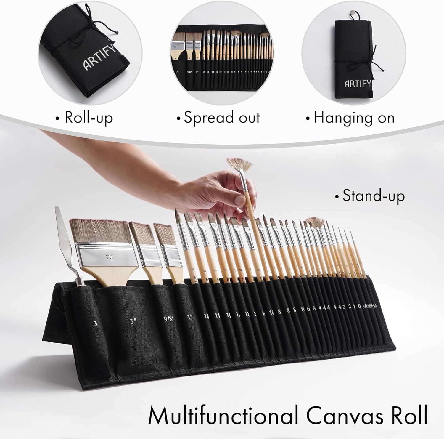 ARTIFY 30-Piece Expert Paint Brush Set, with Canvas Roll and Palette Knife