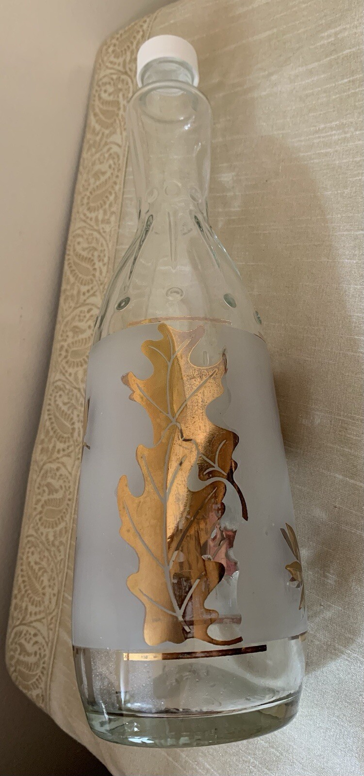 Vintage Libbey Frosted White with Gold Leaves Bottle/Decanter 12” Tall 3” High
