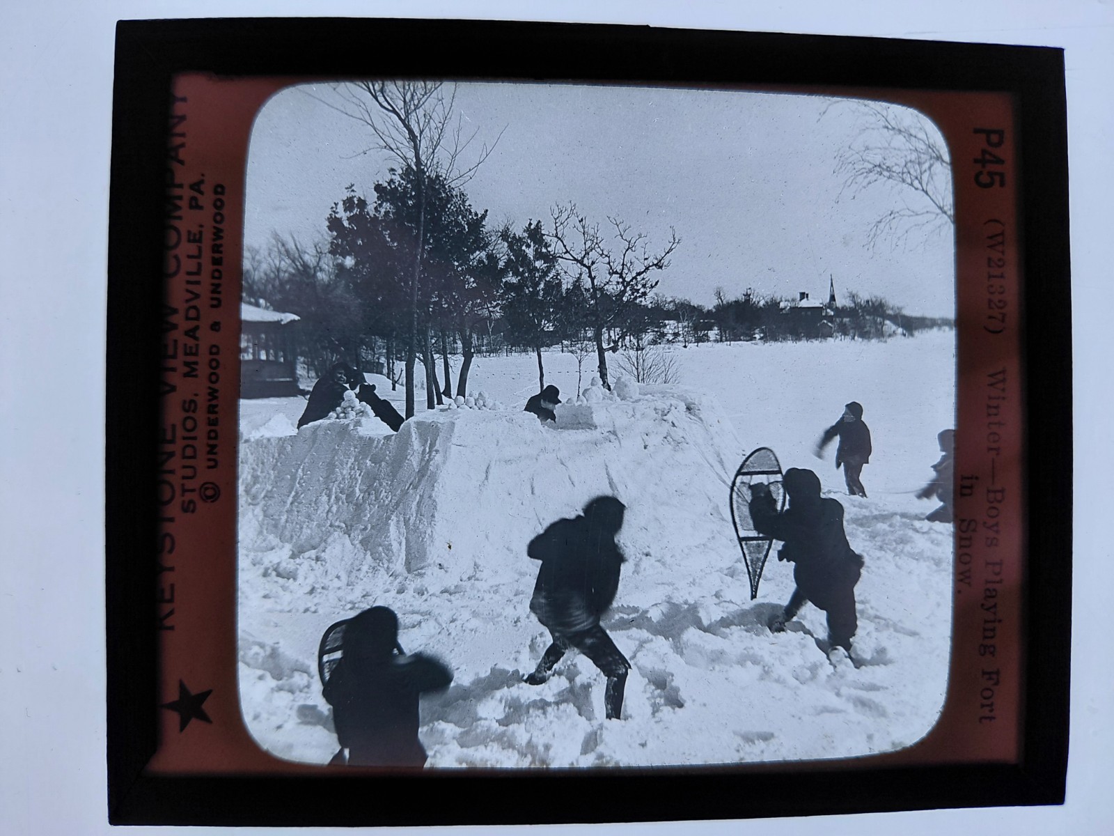 Magic Lantern Glass Slide Photo Keystone P45 Winter Boys Playing Fort In Snow