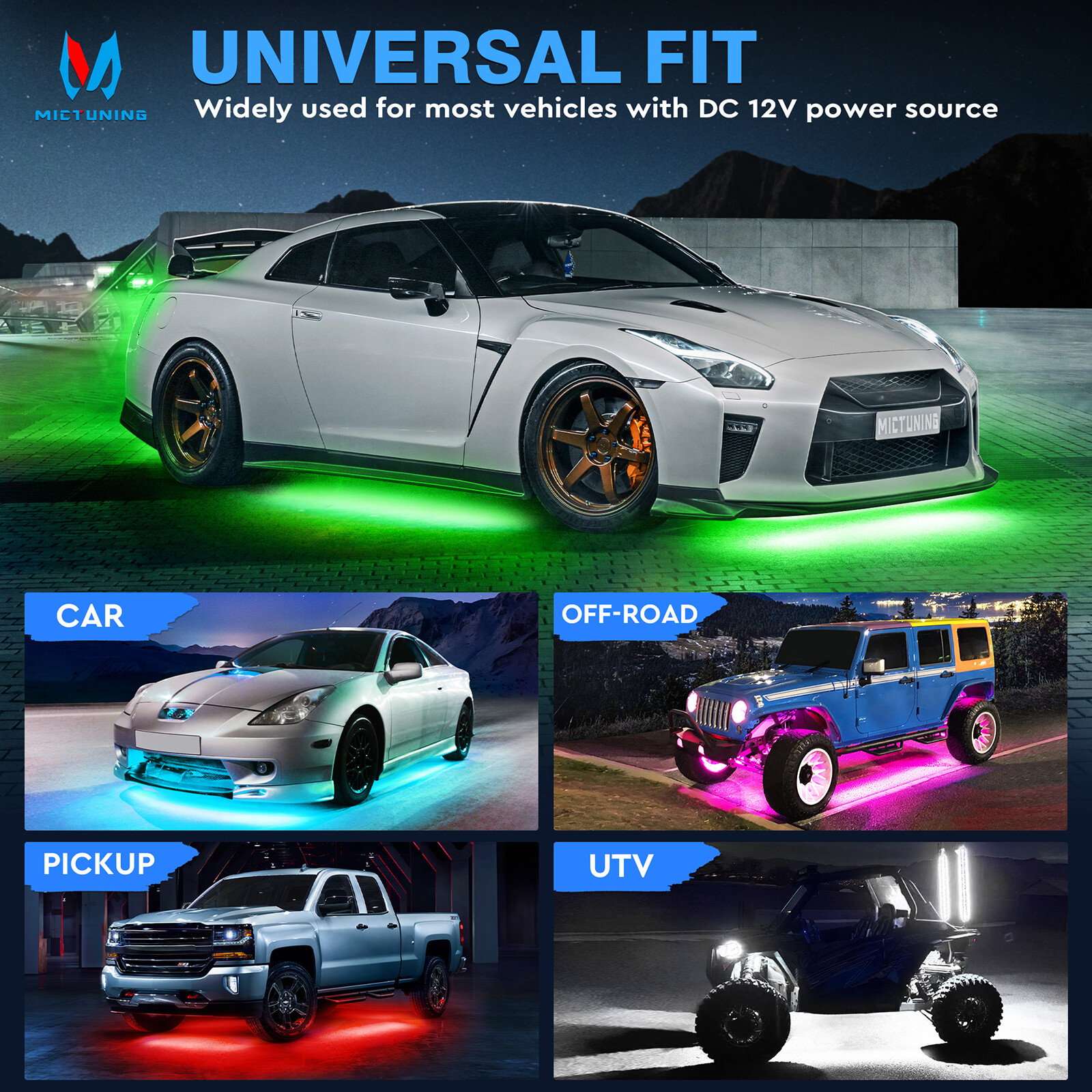 MICTUNING RGB LED Strip Under Car Tube Underglow Underbody System Neon Light Kit