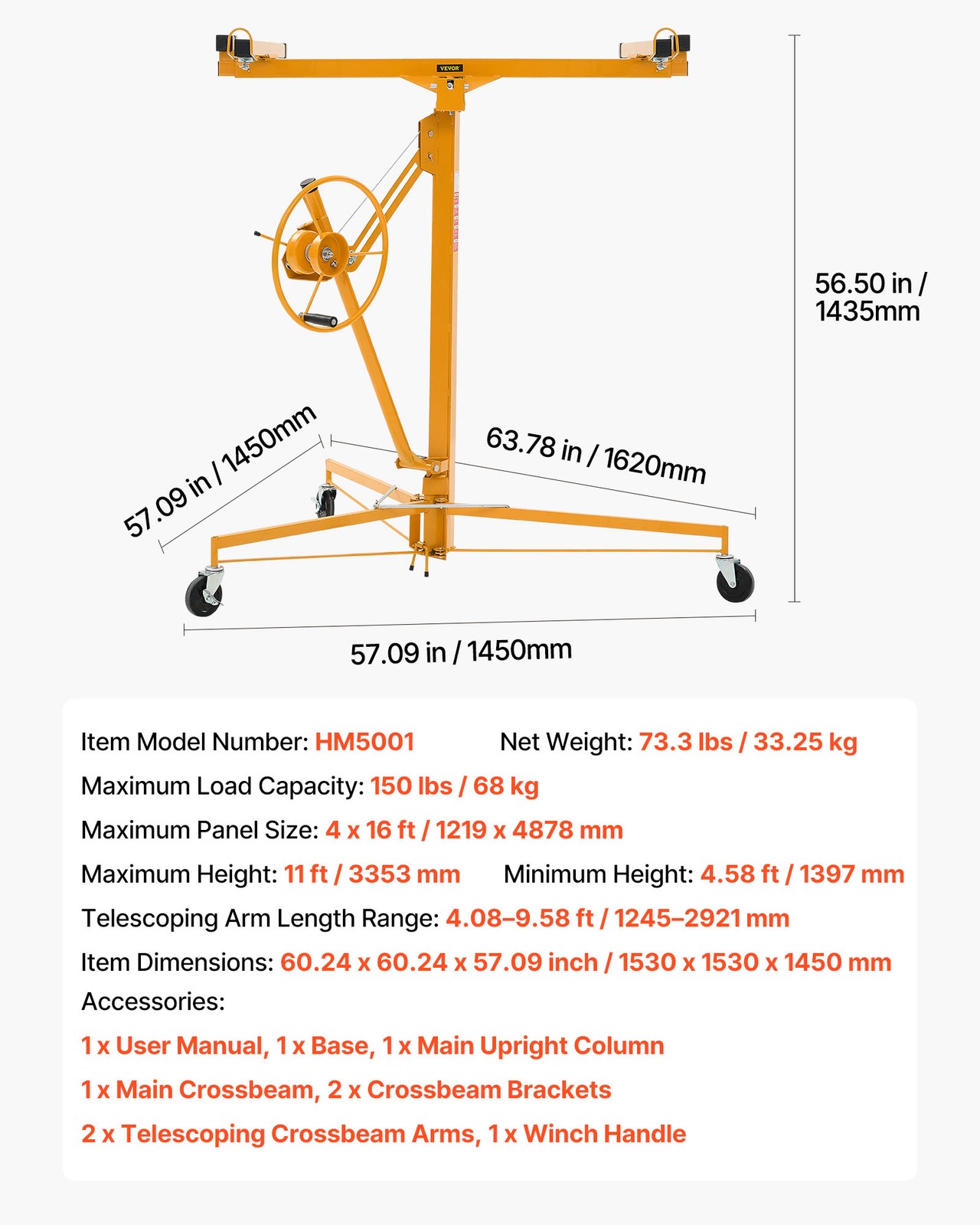 VEVOR 11ft Drywall Lift 150 lbs Sheetrock Hoist Adjustable Arm Lockable Wheels