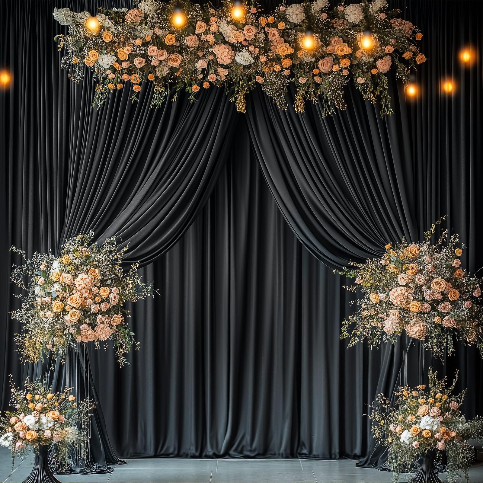 30ft x 10ft Black Backdrop Curtain - 6 Panels Polyester Drapes for Events