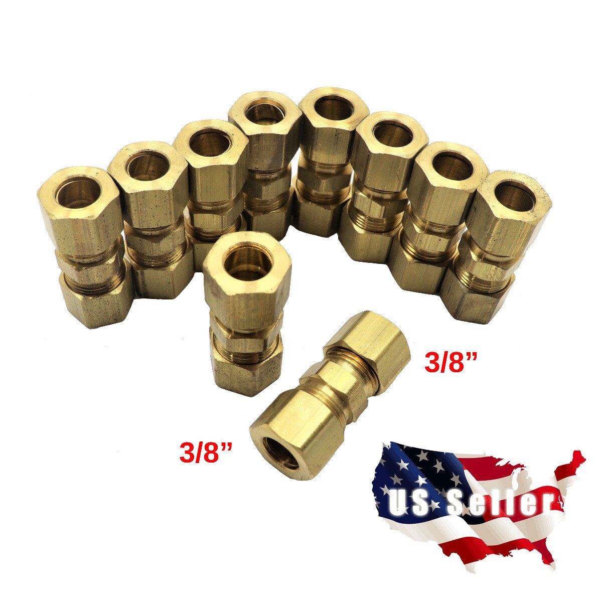 10 PC - 3/8" ( 10 mm ) UNION COMPRESSION FITTINGS BRASS