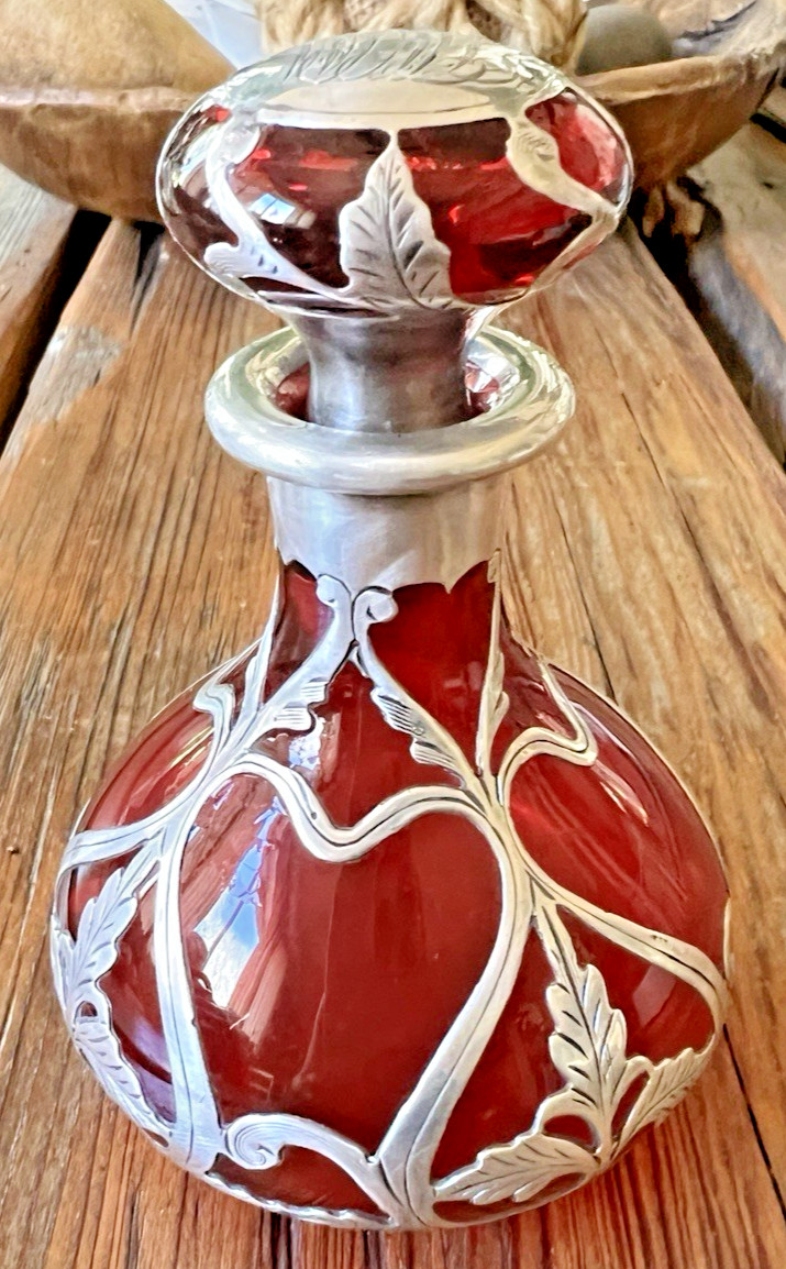 Gorham Perfume D952 Antique Art Nouveau Bottle American Red Glass Silver Overlay