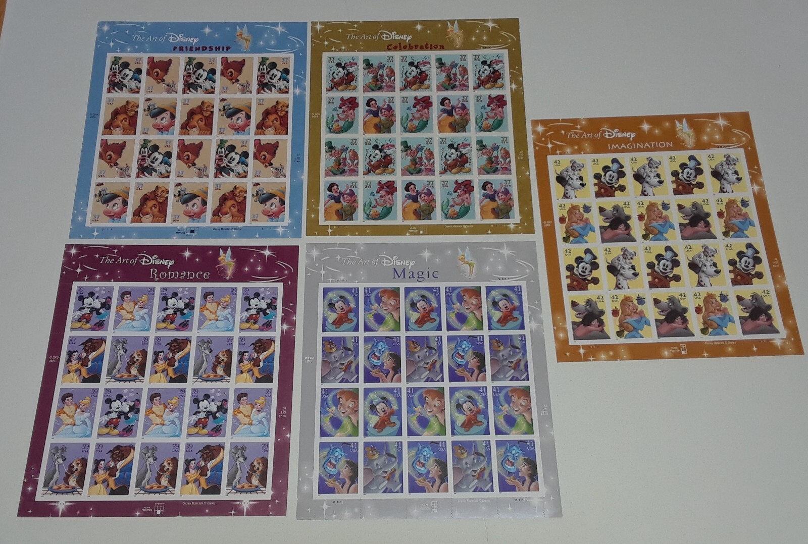 THE ART OF DISNEY Complete Set of 5 Differnt Full Sheets of 20 US Stamps 2004-08