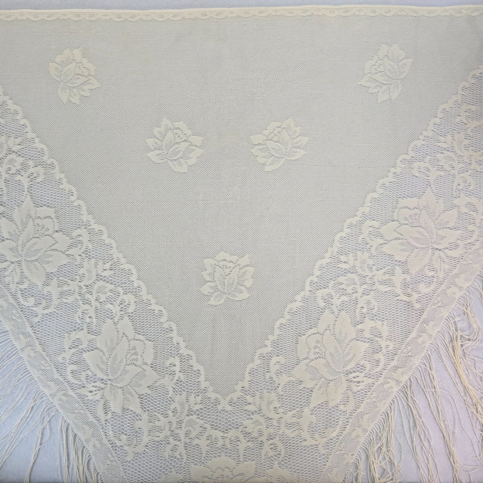 Vintage Large Woven Shawl with Fringe Floral Boho Made In Japan Cream