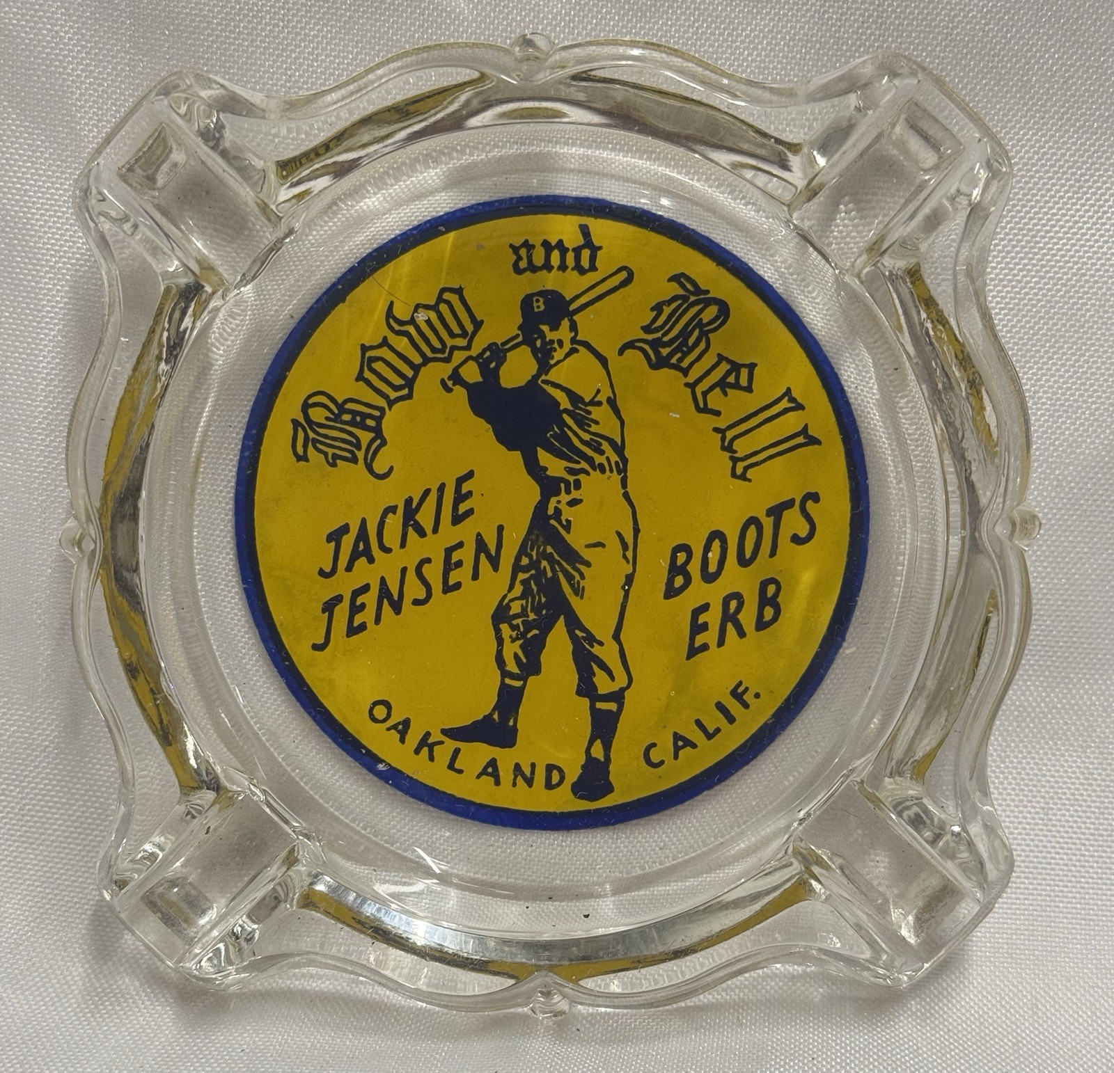 Vintage Bow and Bell Jackie Jensen Boots Erb Oakland California Glass Ashtray