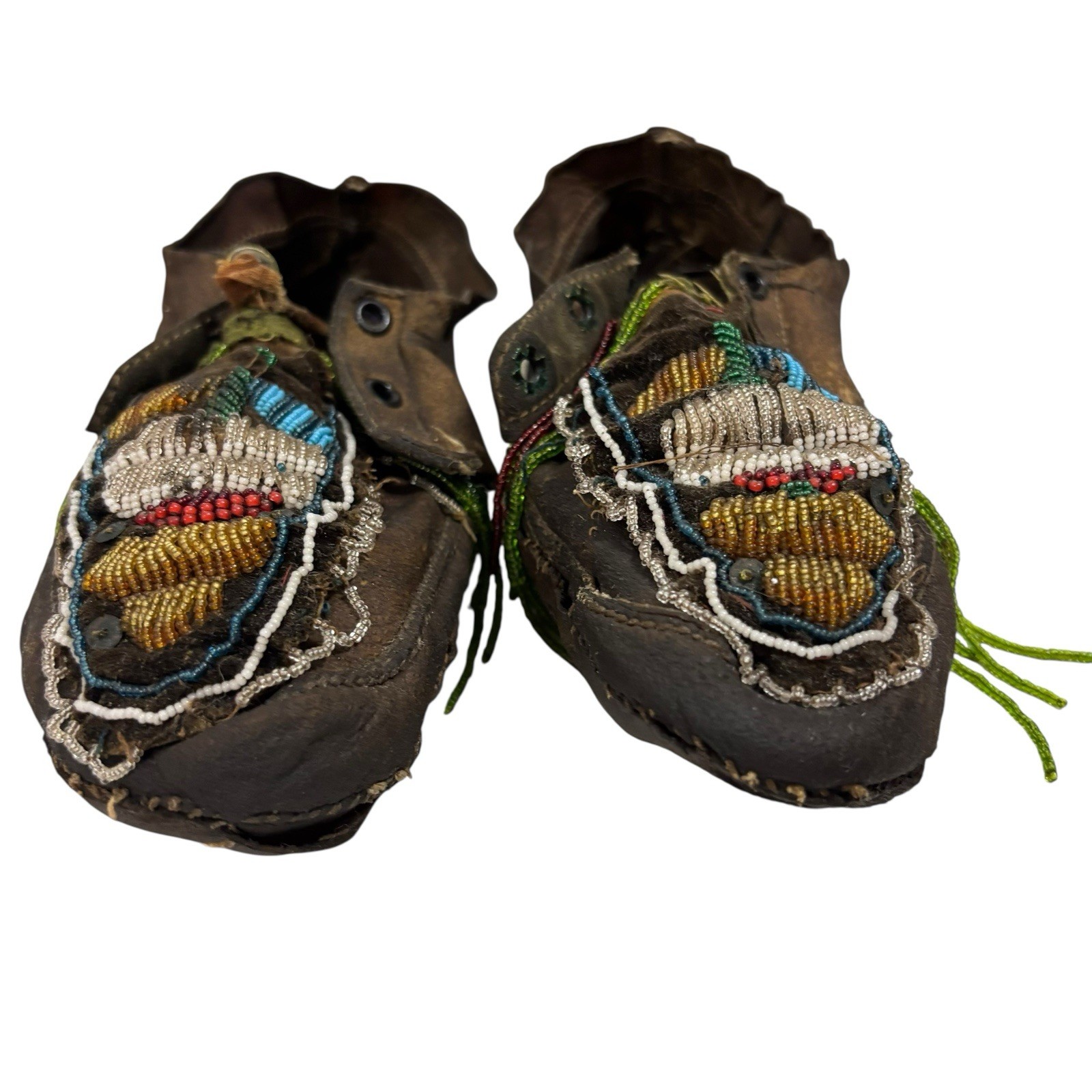 Old Antique Plains Native American Indian Beaded Moccasins Decorated Hide Shoes