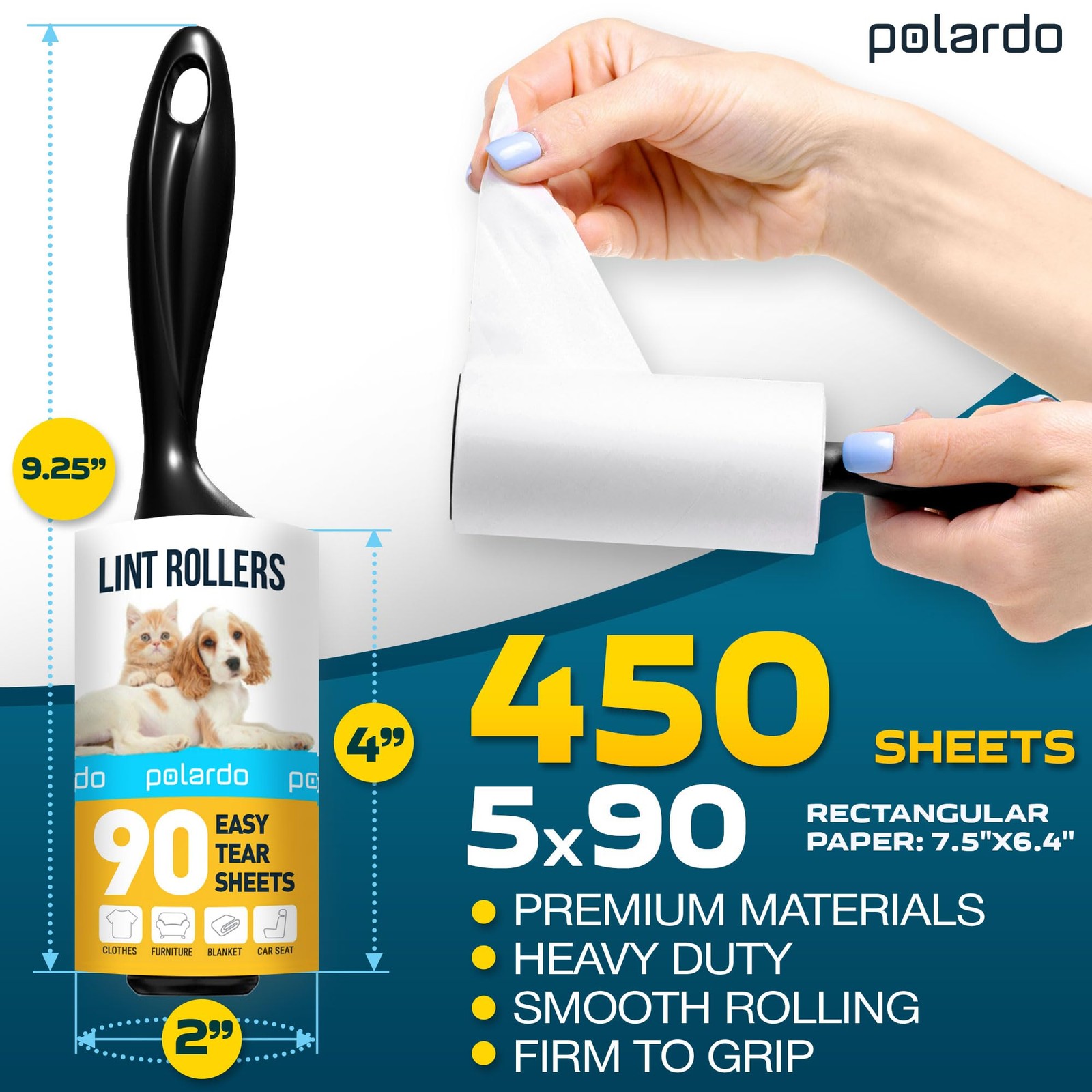 Lint Rollers for Pet Hair, Sticky, Remover 5 pcs - 450 Sticky Sheets, White