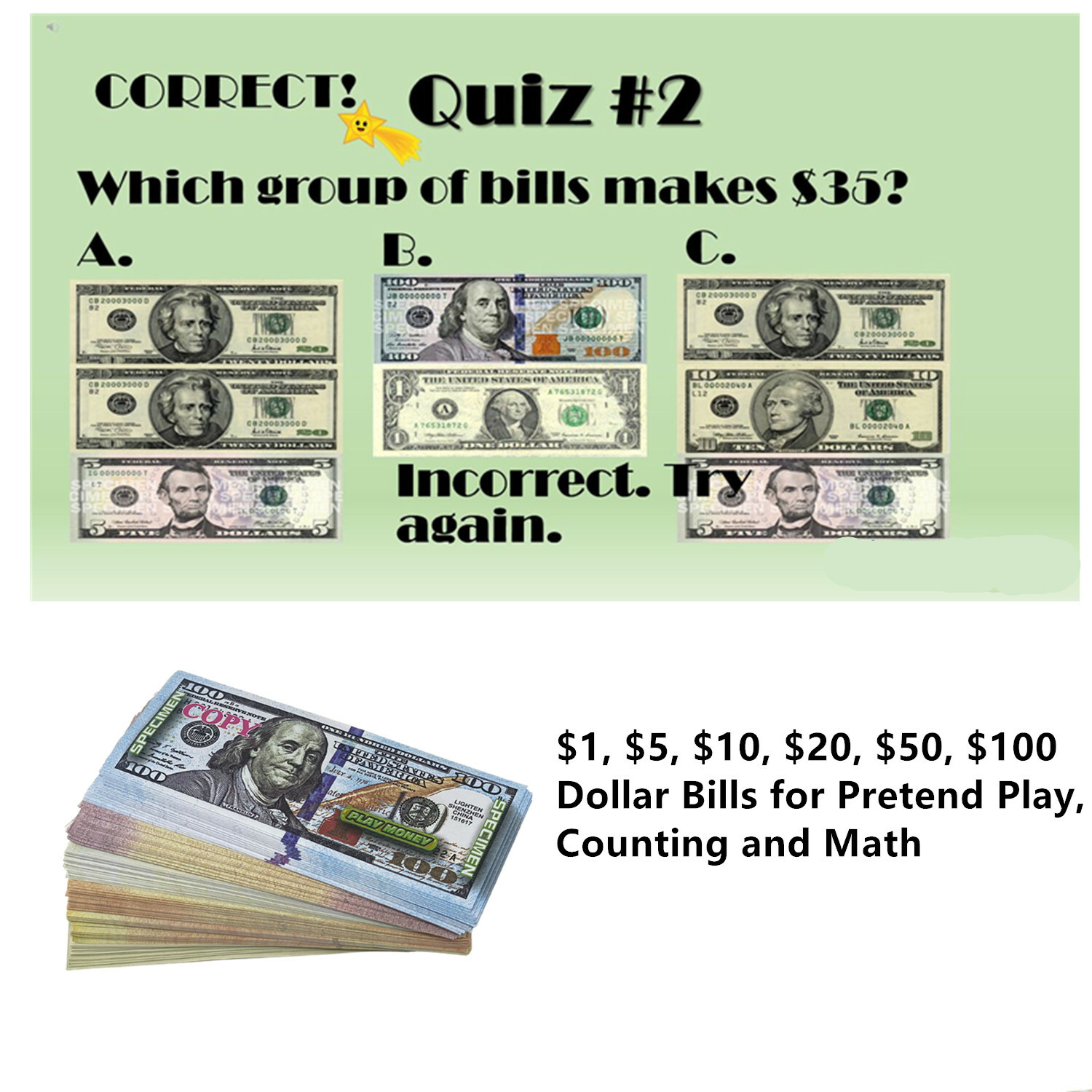 240 PC Educational Play Money Set, Print 1 Side - Bills of 1, 5, 10, 20, 50, 100