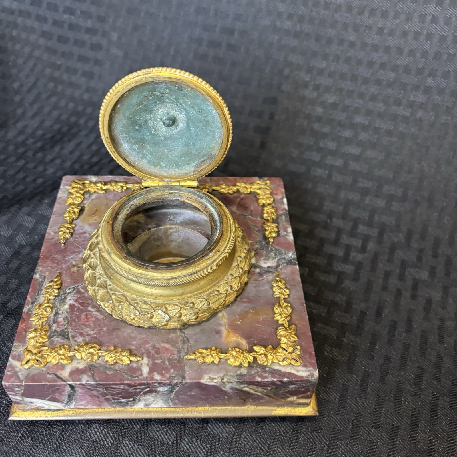 Antique French Rouge Marble Gilt Bronze Inkwell Empire Style