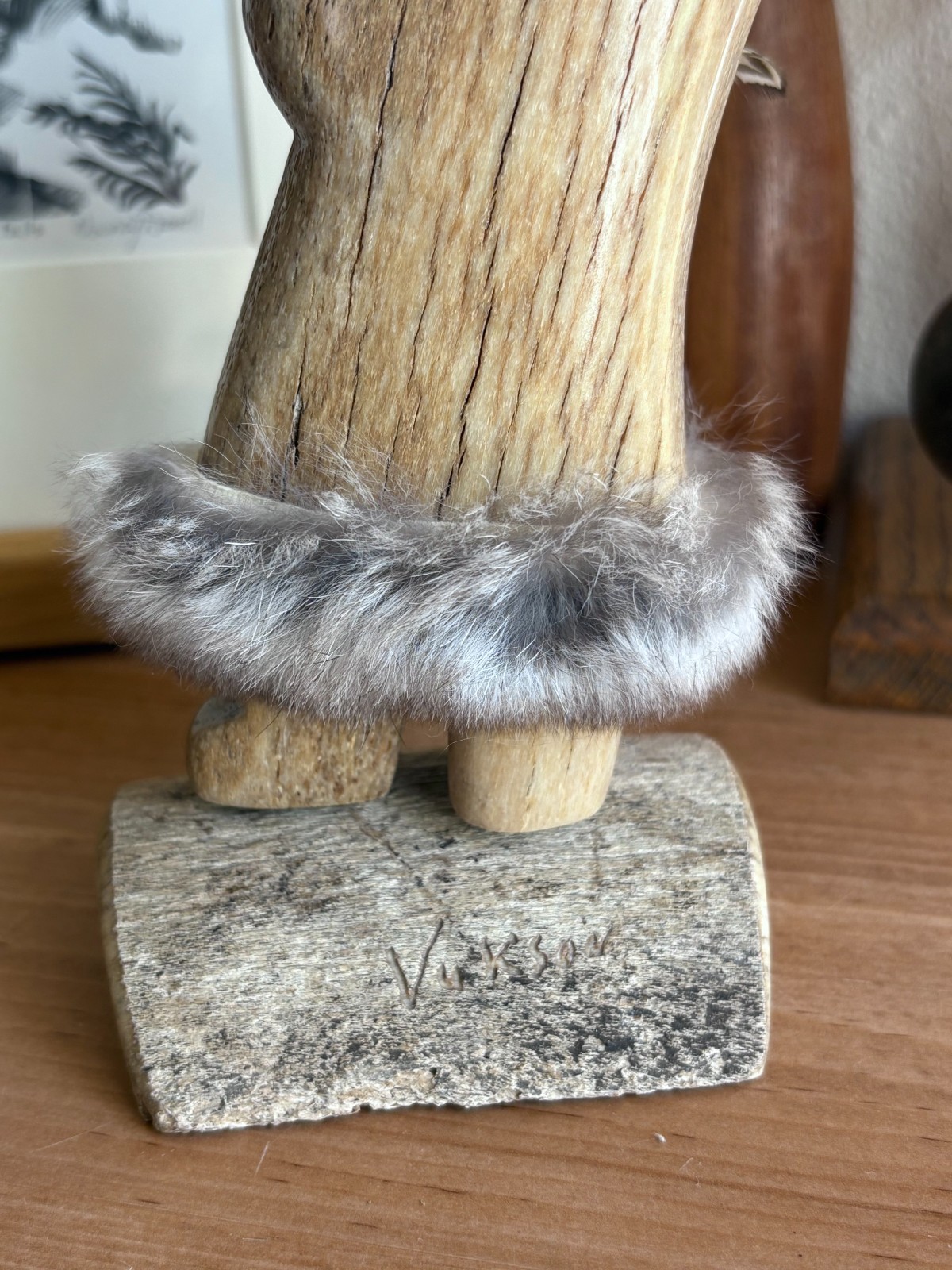 Vukson Signed Handmade Moose Antler?, Fur + Stone Inuit Eskimo Eagle Sculpture
