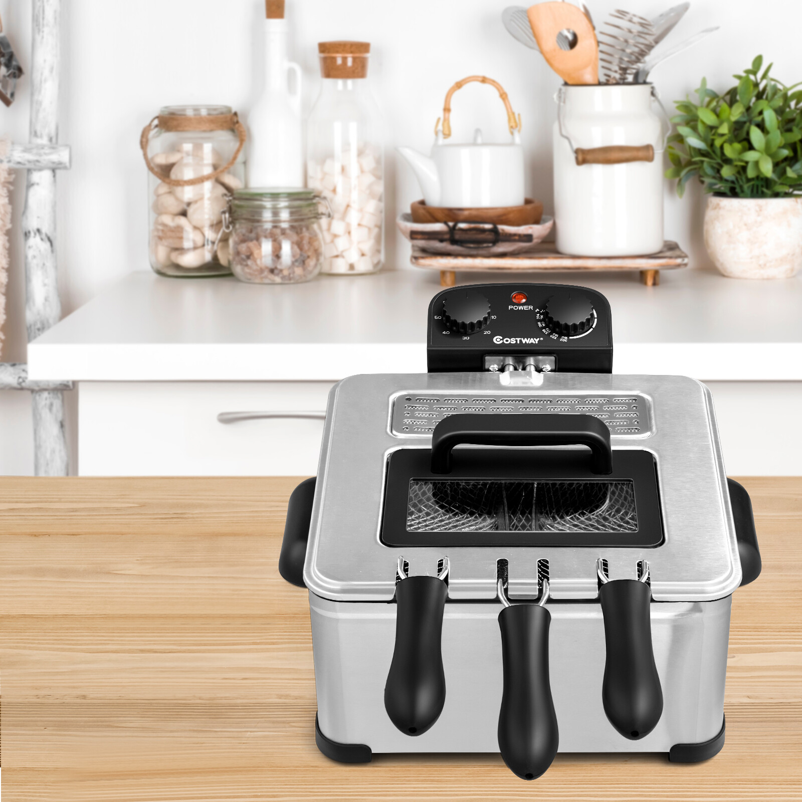 Costway Electric Deep Fryer 5.3QT/21-Cup Stainless Steel 1700W w/ Triple Basket