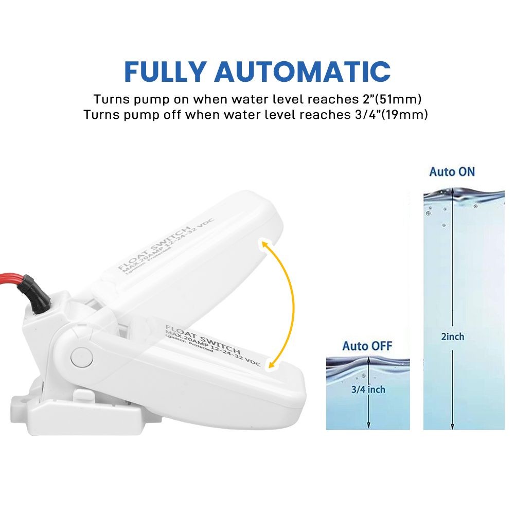 2x Automatic Boat Bilge Pump Float Switch - 12/24/32VDC, 20A for Boat Water Pump
