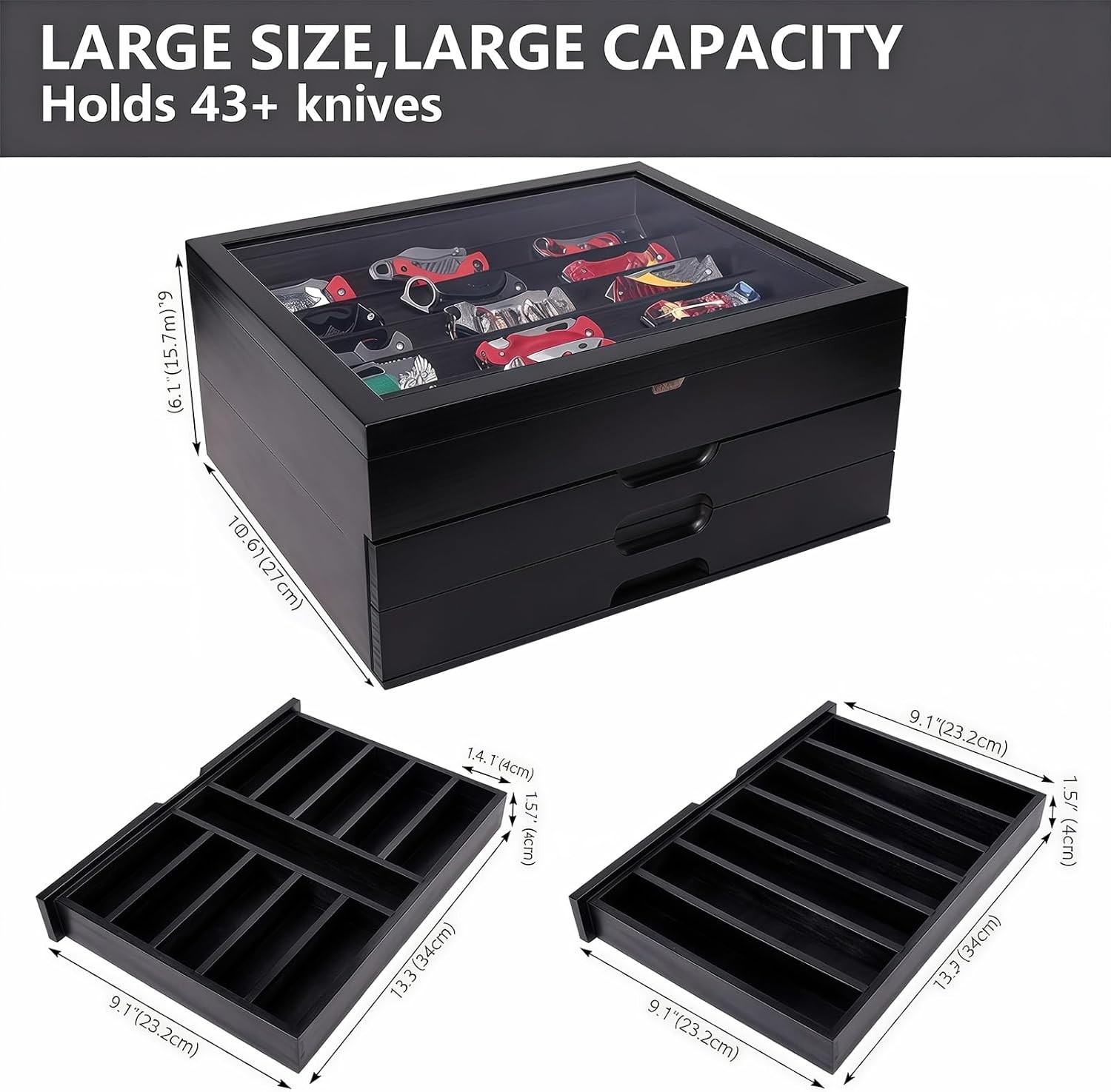 Knife Display Case 43+ Wood Black EDC Pocket Knives Watch Organizer Storage Box