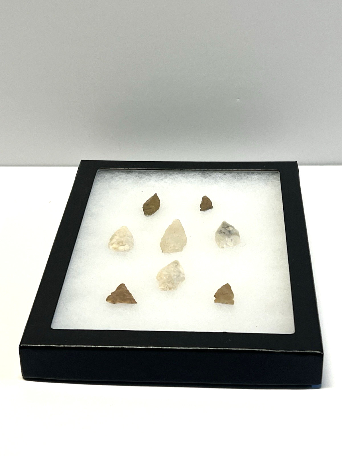 Antique Original Native American Indian Arrowheads; Ryker Glass Case; Qty 8 #A3