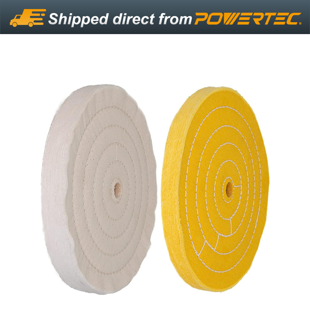 POWERTEC Assorted 8 Inch Buffing Wheels Set w/White and Yellow w/Arbor Hole, 2PK