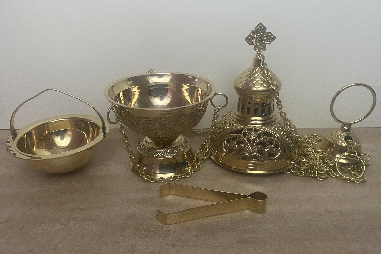 Traditional Triple Chain Brass Church Censer, Thurible w/Liner, Catholic Church
