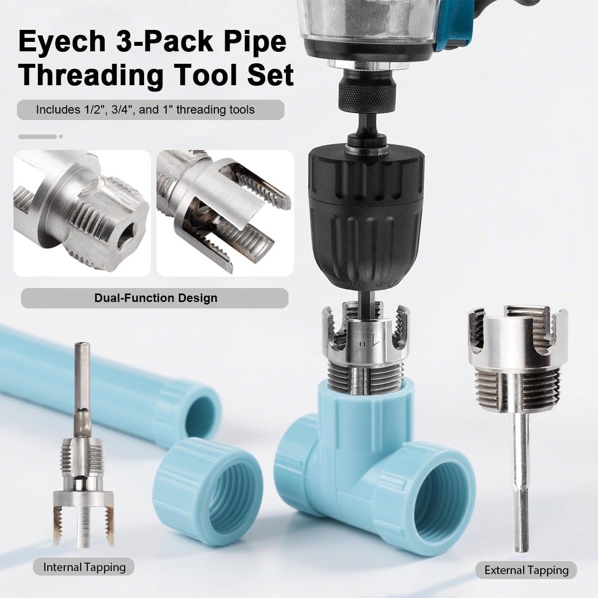 3Pcs PVC Pipe Threader Kit 1/2" 3/4" 1" NPT, Integrated Internal & External Pipe