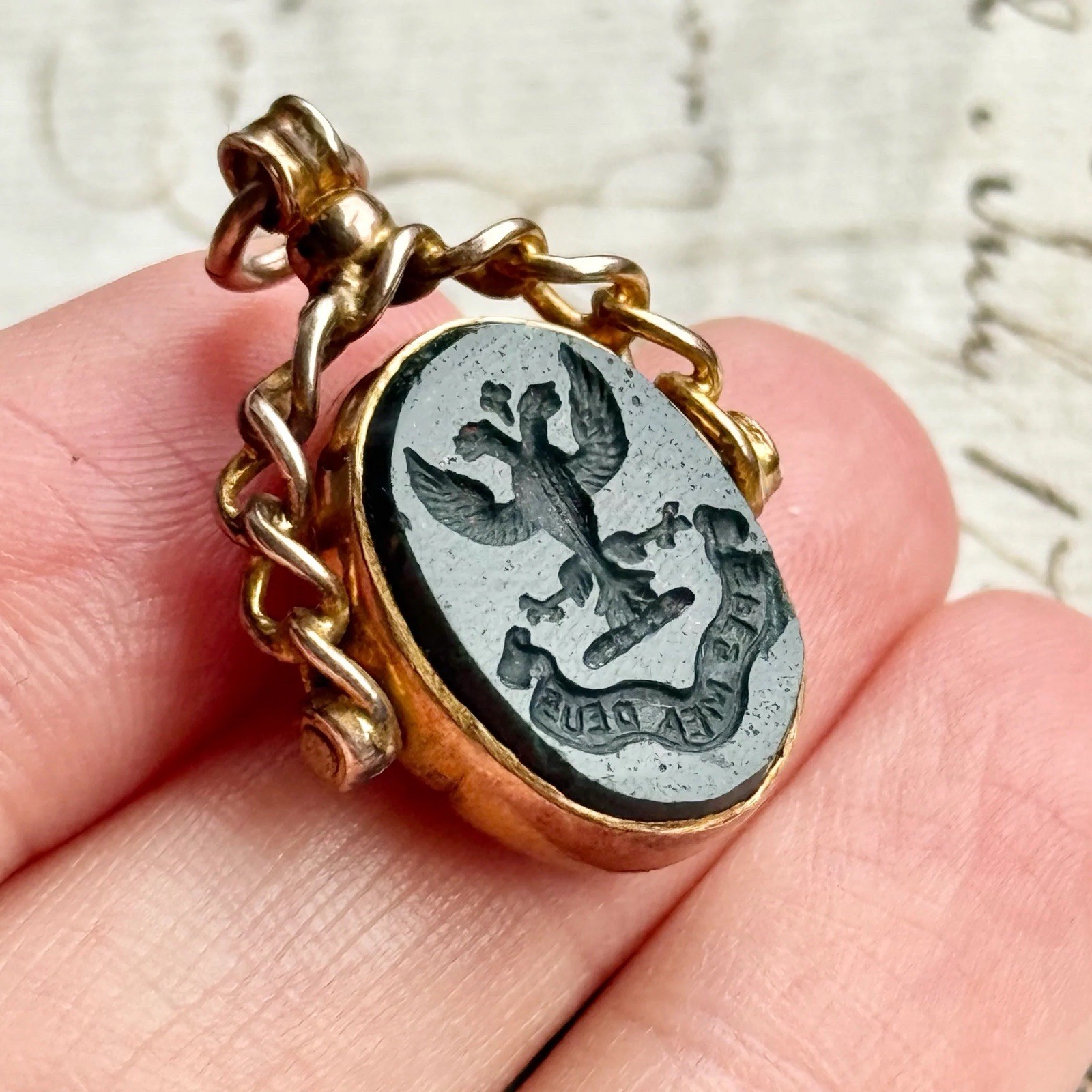 HEART & SERPENT Antique Bloodstone Intaglio Fob in 9 Carat Gold; Circa 1900