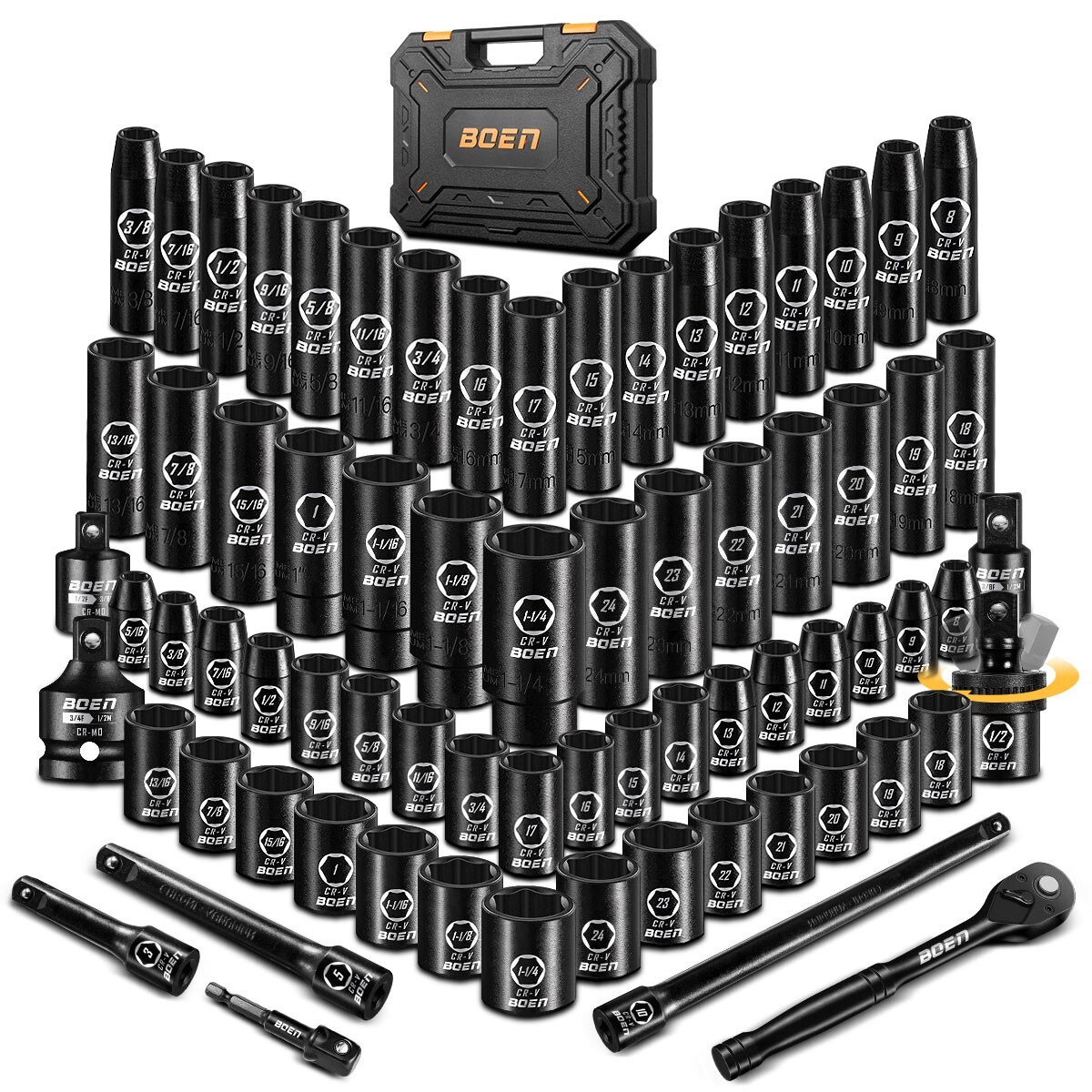 72 Pcs 1/2" Drive Impact Socket Set,Standard SAE (5/16"-1-1/4") & Metric(8-24mm)
