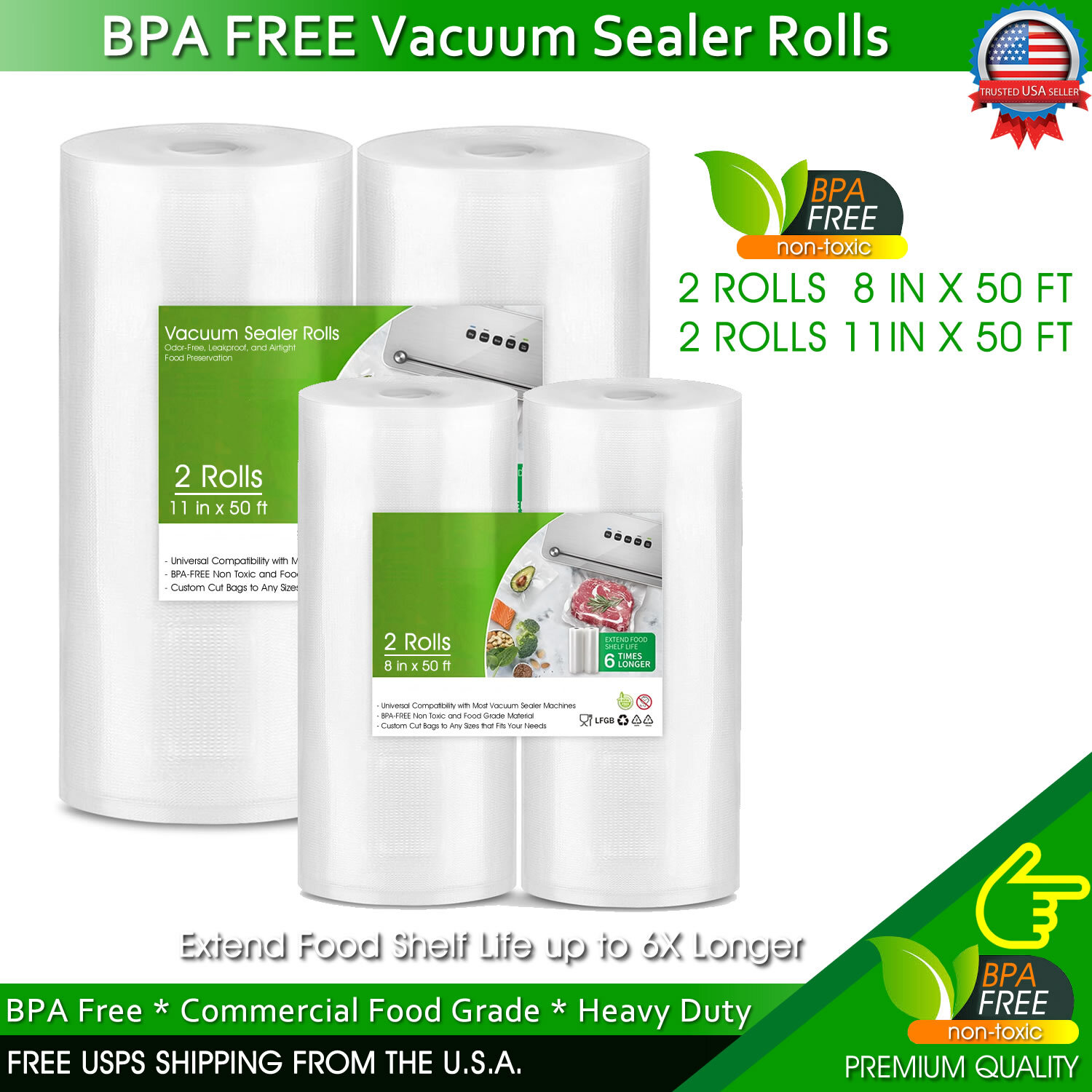 Vacuum Sealer Bags Rolls Jumbo 4Mil Food Saver Bag 8"x50' 11"x50' 8"x20' 11"x20'