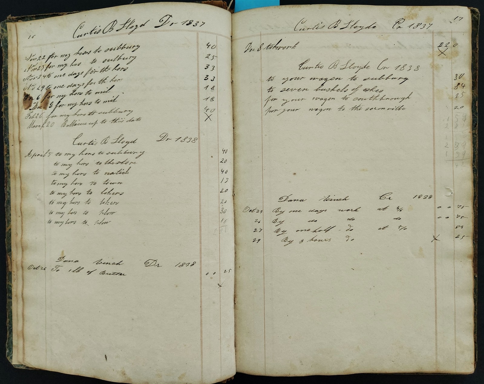 1835-60s antique LEDGER farmingham ma PETER DAVIS farm work horse wagon sider