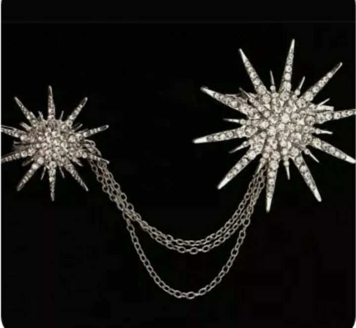 Vintage Style Art Deco Celestial Astrology Crystal Star Brooch Pin & Chain Set