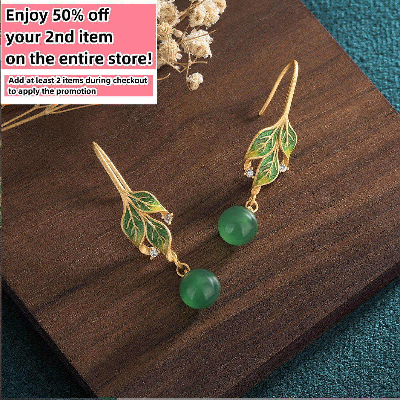 Green Jade Drop Dangle Earrings Boho Gemstone Leaf Design Hook 18K Gold Plated