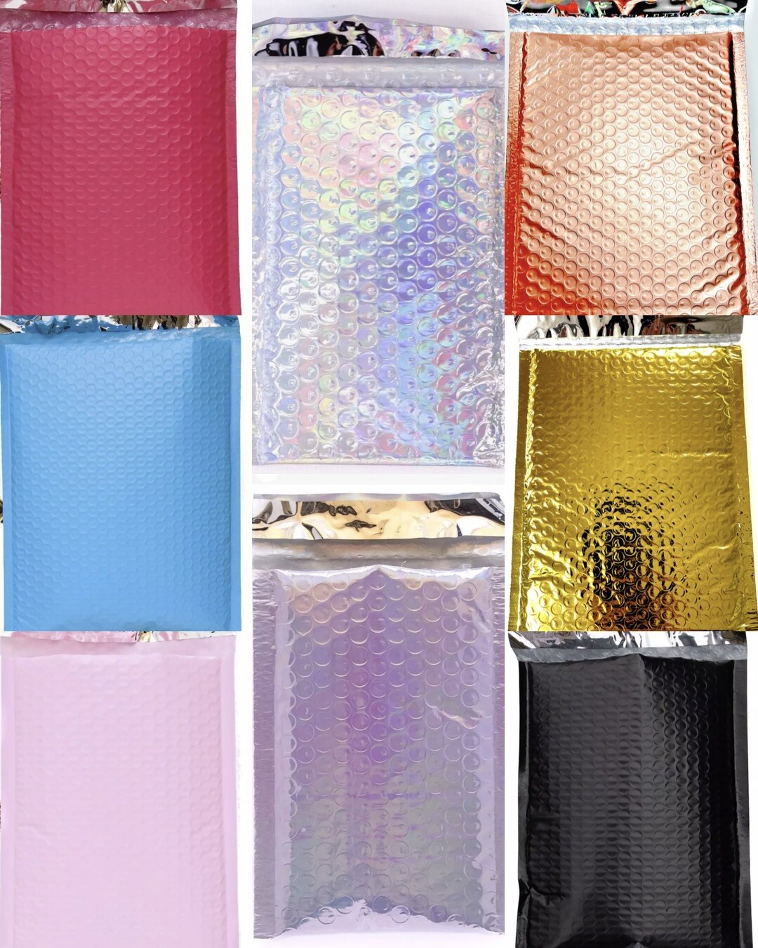 Pink, Blue, Black, & Holographic Metallic Poly Bubble Mailers Padded Envelopes