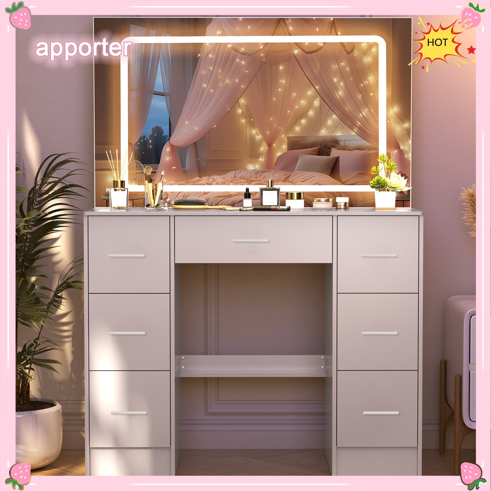 10 LED Lights With Large 3 Colors Mirror Makeup Dresser Desk Vanity Drawer Table